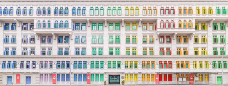 Colourful windows on old police headquarters, Singapore